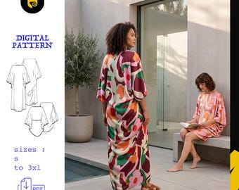 Boho Bat Sleeve Tunic Dress Pattern Pdf | Sizes S–3Xl | A4 | Instant Download | Kaftan Maxi Dress Pdf Fr En