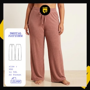 May include: A pair of dusty rose-colored wide-leg pants with a drawstring waist. The image includes a digital pattern graphic with size details from XXS to 5XL in A4 format.