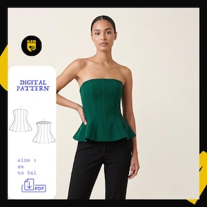 Peut inclure: Un haut à basque vert foncé sans bretelles avec des coutures verticales. L'image contient le texte DIGITAL PATTERN, size : xs to 5xl, et une icône PDF. Un dessin technique du haut est affiché sur le côté gauche de l'image.