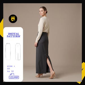 Puede incluir: Un patrón de costura digital para una falda larga de color gris carbón con una abertura trasera. El gráfico incluye el texto DIGITAL PATTERN, talla 00 a 32, y un icono de PDF. La ilustración muestra las vistas frontal y trasera del diseño.