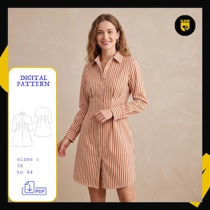 Peut inclure: Un patron de couture numérique pour une robe chemise à manches longues avec un motif à rayures verticales marron et blanc, dotée d'un col, d'une patte de boutonnage et d'une taille ajustée. Le graphique inclut le texte DIGITAL PATTERN et les tailles 34 à 44.