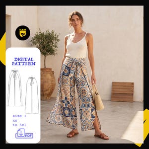May include: A digital sewing pattern for wide-leg trousers featuring a tie-waist and a blue, orange, and cream tile-inspired print. The pattern includes sizes XS to 5XL, presented as a PDF with technical line drawings showing the front and back.