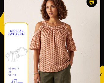 Bohemian Cold Shoulder Blouse Sewing Pattern | Sizes 36–44 | A4 | Instant Download | Gathered Neck Flutter Sleeve Pdf