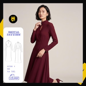 May include: A burgundy-colored dress with long sleeves and a high neckline. The dress features a keyhole detail at the chest and a flowing skirt. The image includes a digital pattern graphic with the text "DIGITAL PATTERN" and size options from XS to 5XL.