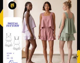 Florin Sleepwear Set Sewing Pattern | Sizes 00–32 | A4 | Instant Download | Linen Pajamas Top and Shorts Pattern