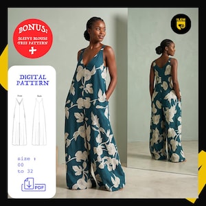 Può includere: Una tuta color verde acqua con motivo floreale bianco, caratterizzata da scollo a V e pantaloni a gamba larga. Il cartamodello digitale include un modello bonus per camicetta, disponibile nelle taglie 00-32 in PDF, con viste fronte e retro.