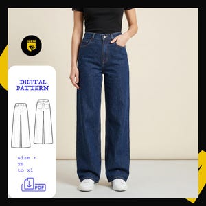 Peut inclure: Un patron de couture numérique pour un jean large taille haute en denim bleu foncé. L'image montre le vêtement fini, un dessin technique de face et de dos, le texte 'DIGITAL PATTERN', 'size : xs to xl' et une icône PDF.