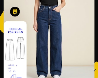 Wide Leg Jeans Sewing Pattern PDF | High Waist Denim Pants Pattern Women | 5 Pocket Jean Pattern | Instant Download XS-XL