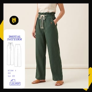 May include: Dark green high-waisted trousers with thin white vertical pinstripes, a ruffled paper-bag waist, and a white drawstring cord. The pants feature side pockets with a single button detail. Text includes ILEM, DIGITAL PATTERN, and size 00 to 30.