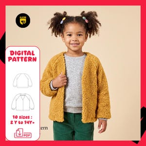 May include: A digital sewing pattern for a long-sleeve, open-front jacket made of mustard yellow faux shearling fleece. The pattern includes 10 sizes ranging from 2 years to 14 years, presented as a downloadable PDF file with technical line drawings.