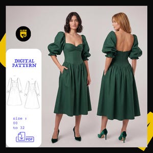 Peut inclure: Une robe midi vert foncé avec un décolleté en cœur, un corsage style corset et des manches bouffantes volumineuses à poignets froncés. La robe présente une jupe ample avec poches latérales et un dos nu. Inclut un patron numérique PDF.