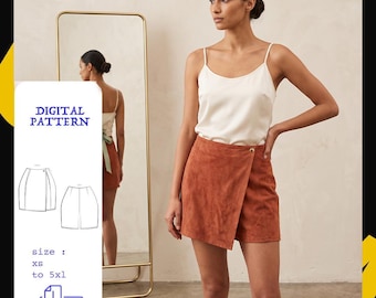 Wrap Shorts Sewing Pattern PDF | High Waist Skort Pattern Women | Asymmetric Linen Shorts Skirt | Instant Download XS-5XL