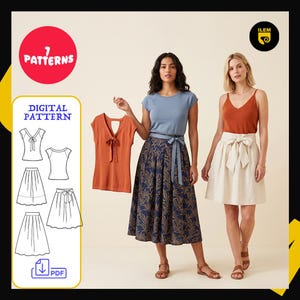 Peut inclure: Un ensemble de patrons de couture numériques comprenant 7 variantes de hauts et de jupes. L'image montre un haut sans manches rouille avec un lien au dos, un haut bleu à manches courtes, une jupe plissée marine à motif feuilles et une jupe crème.