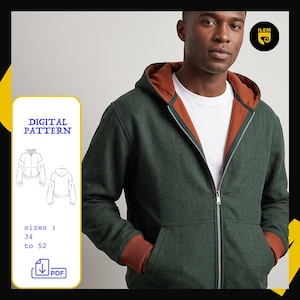 Peut inclure: Un sweat à capuche zippé vert foncé avec une doublure intérieure orange rouille contrastante et des poignets côtelés. L'image inclut un motif numérique avec le texte DIGITAL PATTERN, les tailles 34 à 52, une icône PDF et le logo ILEM.