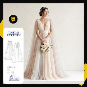 Peut inclure: Une robe de mariée aux couleurs pastel avec un décolleté plongeant et une cape fluide. La robe présente un corsage ajusté et une jupe ample avec des rayures verticales roses, pêche et bleues. L'image comprend également un motif numérique.