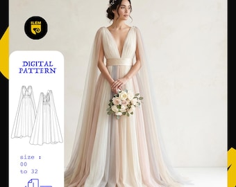 Wedding Dress Sewing Pattern PDF | Bridal Gown Cape Sleeves V Neck | Tulle A-Line Gown Pattern | Instant Download 00-32
