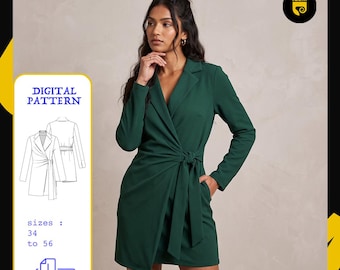 Blazer Dress Sewing Pattern Pdf | Sizes 34–56 | A4 | Instant Download | Belted Jacket Dress Pdf Pattern