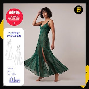 Puede incluir: Un vestido largo de color verde esmeralda con tirantes finos, escote en V y una abertura lateral alta. El patrón digital incluye un patrón de blusa de manga como extra, disponible en tallas de XS a 5XL en formato PDF descargable.