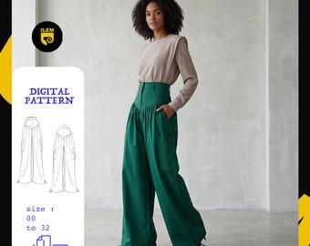 Wide Leg Trousers Sewing Pattern PDF | High Waist Gathered Pants Women | V Yoke Pleated Pants | Instant Download Size 00-32