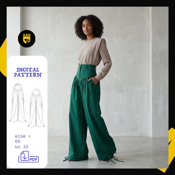 Wide Leg Trousers Sewing Pattern PDF | High Waist Gathered Pants Women | V Yoke Pleated Pants | Instant Download Size 00-32