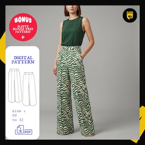 Peut inclure: Un patron de couture numérique pour un pantalon taille haute à jambes larges avec un motif zébré vert et crème. Le patron inclut les tailles 00 à 32, une option de téléchargement PDF et un patron gratuit de chemisier à manches en bonus.