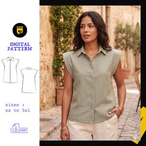 Peut inclure: Une chemise sans manches boutonnée avec un motif à rayures verticales vert sauge et blanc, un col classique et un ourlet droit. Le patron numérique inclut des dessins techniques de face et de dos, avec des tailles indiquées de XS à 5XL.