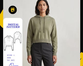 Crossover Back Hoodie Sewing Pattern PDF — Women Sizes XXS–XXL | Cropped Open Back Sweatshirt Digital Download | A4 Instant Print at Home