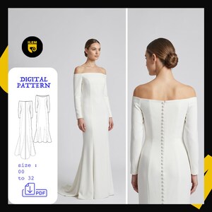 Peut inclure: Une robe de mariée blanche à épaules dénudées, avec des manches longues et une silhouette sirène. Le dos présente une rangée de boutons. L'image comprend également un patron numérique avec le texte "DIGITAL PATTERN" et une taille de 00 à 32.