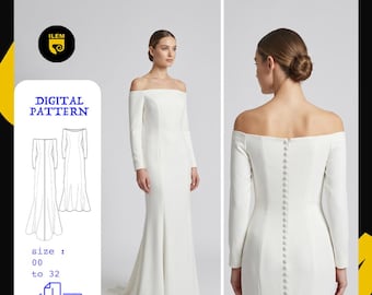 Mermaid Wedding Dress Sewing Pattern PDF | Off Shoulder Long Sleeve Bridal Gown | Button Back Train | Instant Download 00-32