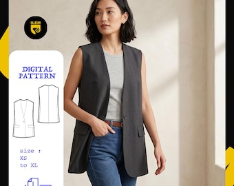 Sleeveless Blazer Sewing Pattern PDF | Longline Vest Blazer Pattern Women | Collarless Waistcoat | Instant Download XS-XL