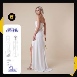 Peut inclure: Une robe blanche sans bretelles avec un dos lacé et une fente haute. La robe est longue jusqu'au sol avec une jupe fluide. L'image comprend également un motif numérique avec le texte "DIGITAL PATTERN" et la taille "00 à 32".