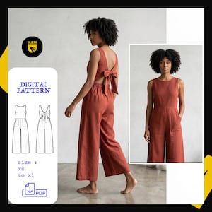 Peut inclure: Une combinaison sans manches couleur rouille avec une silhouette à jambes larges, une encolure ronde et un nœud au dos. Le patron numérique comprend des dessins techniques de face et de dos, avec les tailles XS à XL et une icône PDF.
