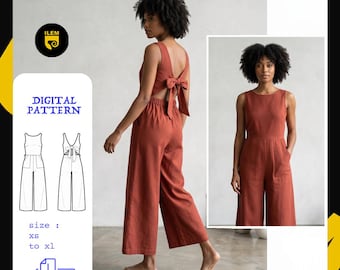 Wide Leg Jumpsuit Sewing Pattern PDF — Open Back Tie Bow Women XS–XL | Linen Boho Dungaree Digital Download