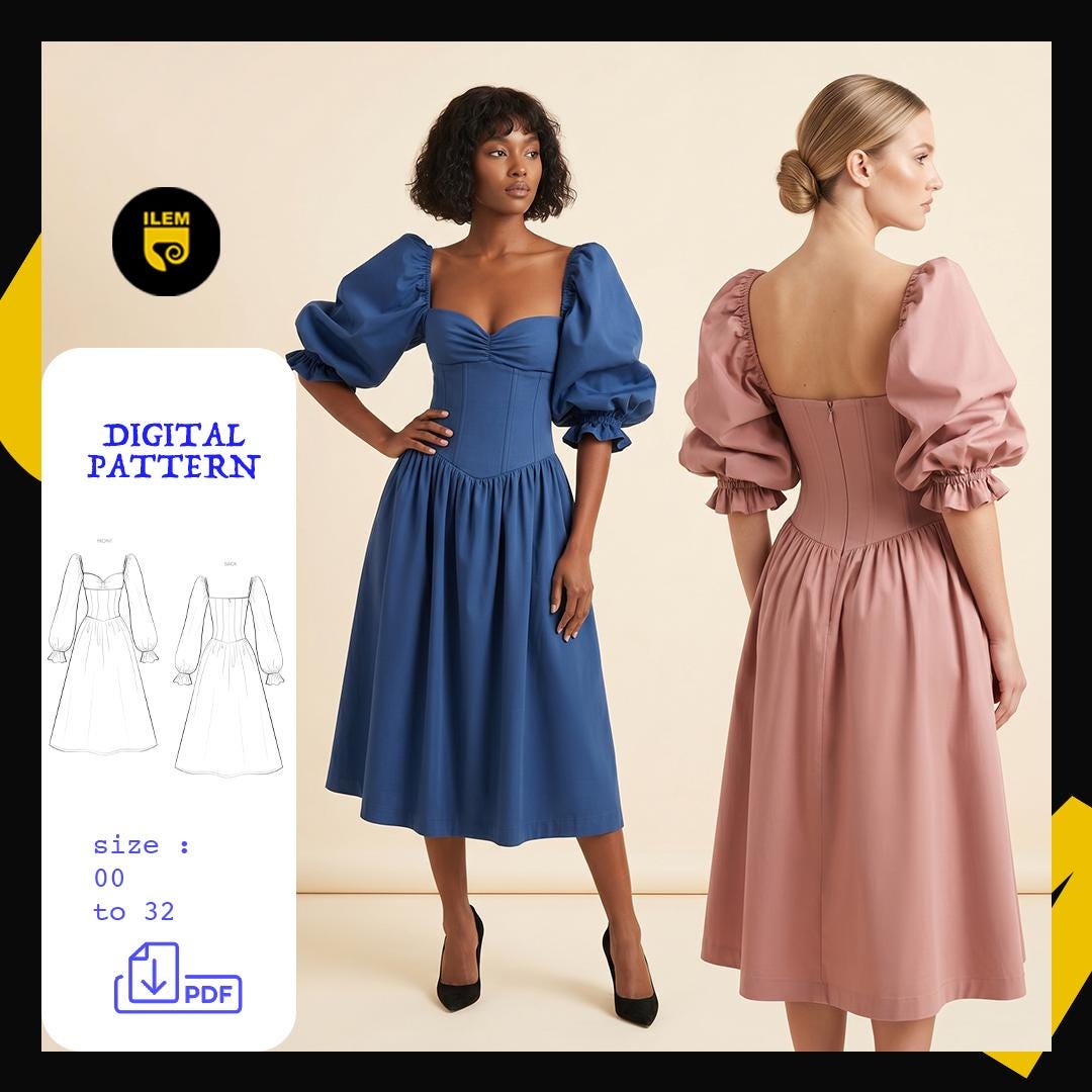 Puff Sleeve Midi Dress Sewing Pattern PDF | Sweetheart Corset Bodice ...