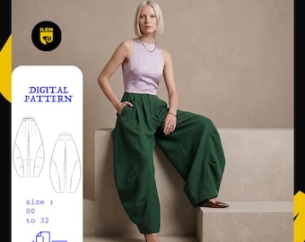 Balloon Leg Pants Sewing Pattern PDF | High Waist Wide Leg Trousers | Pleated Cocoon Pants Women | Instant Download Size 00-32