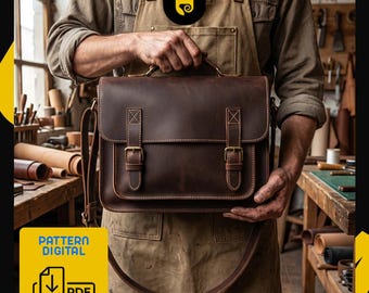 レザーラップトップバッグ型紙PDF | メッセンジャーバッグテンプレート | レザーブリーフケースDIY型紙 | デジタルダウンロード（英語）