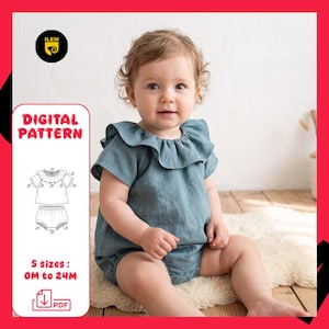 May include: A digital sewing pattern for a baby outfit featuring a dusty blue ruffled top and matching bloomers. The graphic includes the text ILEM, DIGITAL PATTERN, and 5 sizes: 0M to 24M, alongside a technical line drawing of the clothing set.