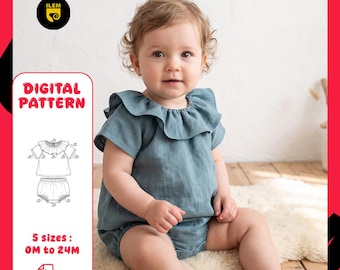 Baby Ruffle Collar Top Bloomer Set Pattern | Sizes 0M–24M | A4 and A0 | Instant Download | Baby Linen Romper Pdf