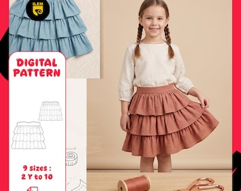 Girls Tiered Flounce Skirt Sewing Pattern | Sizes 2Y–10Y | A4 | Instant Download | Kids Ruffle Skirt Pattern Two Views