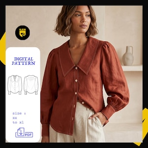 Può includere: Un cartamodello digitale per una camicia a maniche lunghe nelle taglie dalla XS alla XL. La camicia presenta un ampio colletto a punta, un'abbottonatura frontale e maniche arricciate con polsini. Include un disegno tecnico del modello.