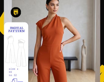 Jumpsuit Sewing Pattern PDF | Wide Leg Palazzo Jumpsuit | Cowl Neck Open Back | Sleeveless Women Pattern | Instant Download 00 - 32