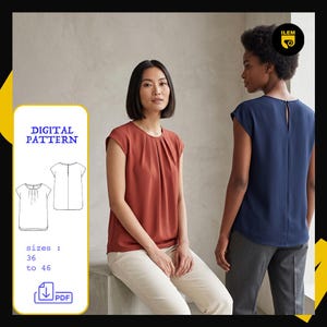 May include: A digital sewing pattern for a sleeveless blouse with a round neckline and front pleats. The pattern includes sizes 36 to 46 and is available as a PDF. The design features a simple silhouette with a back button closure detail.