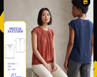 Cap Sleeve Workwear Top Sewing Pattern | Sizes 36–46 | A4 | Instant Download | Pleated Neck Blouse Pdf Pattern