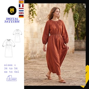 Peut inclure: Une robe midi couleur rouille avec des manches longues froncées, une encolure ronde et une taille élastiquée. L'image inclut un patron numérique, le texte 'DIGITAL PATTERN', 'sizes : 34 to 56', 'xs to 4xl' et une icône PDF.