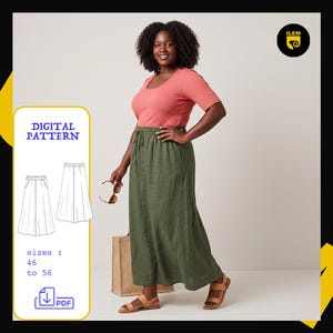May include: A digital sewing pattern for a long olive green skirt with an elastic waistband and side pockets. The image displays a technical line drawing of the skirt, the text DIGITAL PATTERN, sizes 46 to 56, and a PDF download icon.