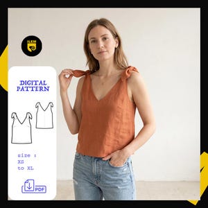 May include: A rust-coloured sleeveless top with tie-shoulder straps and a V-neckline. The image includes a digital pattern graphic with the text ILEM, DIGITAL PATTERN, size XS to XL, and a PDF download icon, showing a technical line drawing of the top.