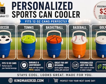 3D Printed Sports Can Cooler Holder | 12 oz PETG Drink Accessory (Soccer, Football, Baseball, Basketball, Golf & Tennis)