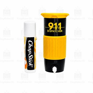 May include: A white ChapStick tube beside a black and yellow 3D-printed water dispenser. The dispenser has the text "911 DISPATCHER" and a heart rate monitor symbol.