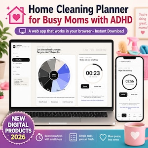 May include: A digital home cleaning planner web app displayed on a laptop and smartphone screen. The interface features a task-choosing wheel, a timer for tasks like shaking out a rug or wiping the stovetop, and navigation menus for task management.