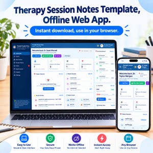 May include: A laptop and smartphone displaying a Therapy Session Notes Template offline web app. The screen shows a dashboard with client data, session history, and task management. Text includes Therapy Session Notes Template, Offline Web App, and Instant download, use in your browser.